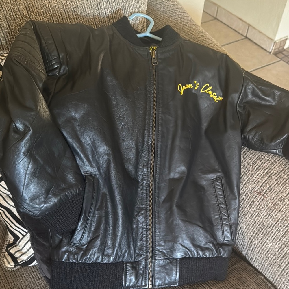 Kids Black faux leather Jacket with Yellow Details